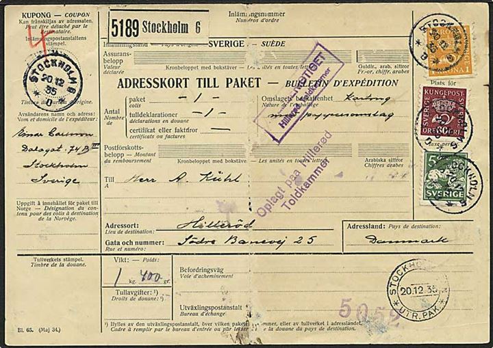 5 öre Løve, 60 öre og 1 kr. Posthorn på 1,65 kr. frankeret internationalt adressekort for pakke fra Stockholm d. 20.12.1935 til Hillerød, Danmark.