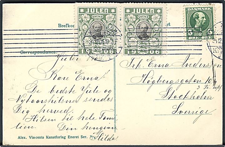 A. Vincent no. 070/3. Postbude i snevejr. Med Julemærke 1906 stemplet d. 24.12.1906. Kvalitet 8