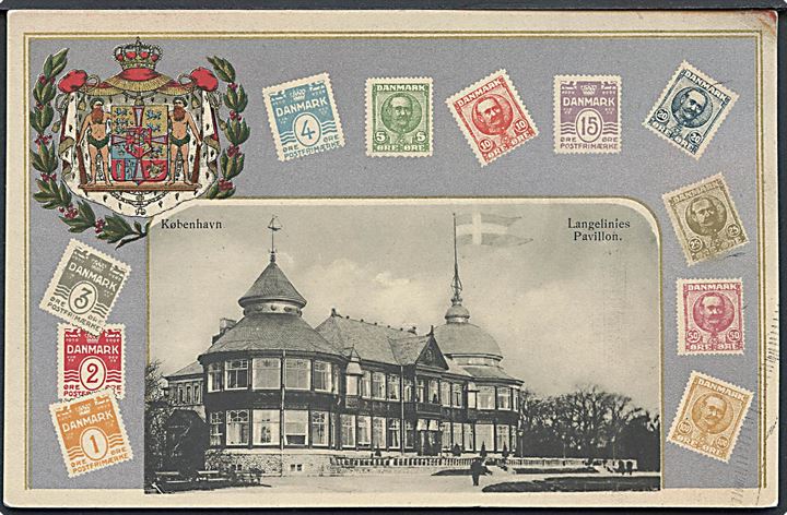 Købh., Langelinies Pavillon m. rigsvåben og frimærker. V.M.K. u/no. Kvalitet 8