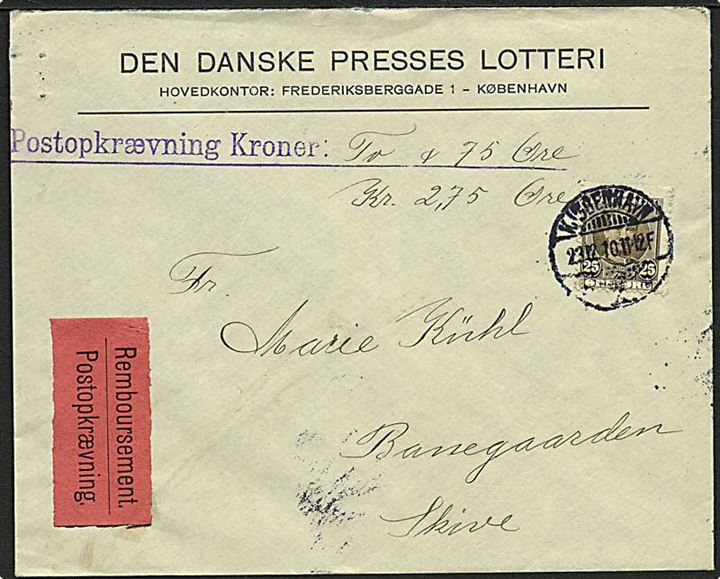 25 øre Fr. VIII single på brev med postopkrævning fra København d. 23.12.1910 til Skive.