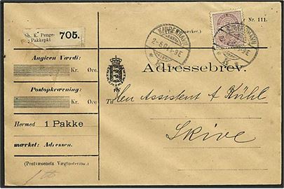 15 øre Våbentype single på adressebrev for pakke fra Kjøbenhavn K. d. 2.6.1904 til Skive.