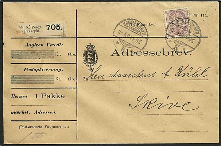 15 øre Våbentype single på adressebrev for pakke fra Kjøbenhavn K. d. 2.6.1904 til Skive.