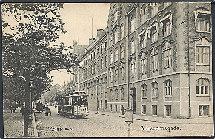 Købh., Slotsholmsgade med sporvogn linie 2 no. 64. Stenders no. 2176. Kvalitet 8