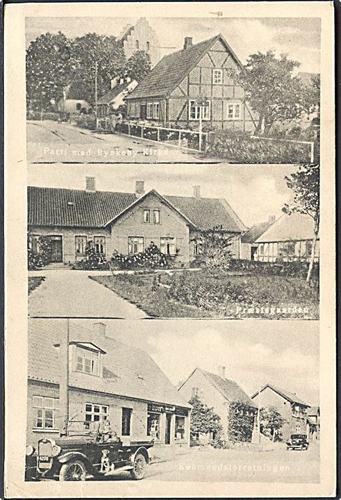 Rynkeby, partier m. kirke, præstegaard, samt købmand  og automobil “M 4206”. H. Schmidt u/no. Kvalitet 7