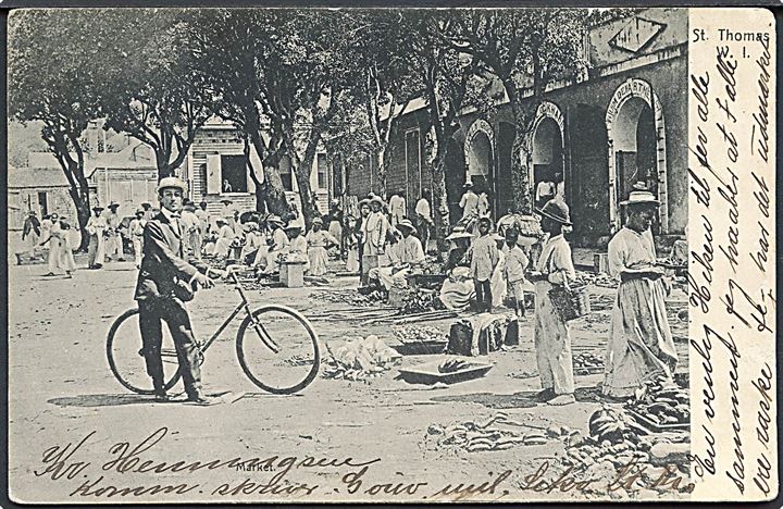 D.V.I., St. Thomas. Market med ung mand på cykel. U/no. Kvalitet 7