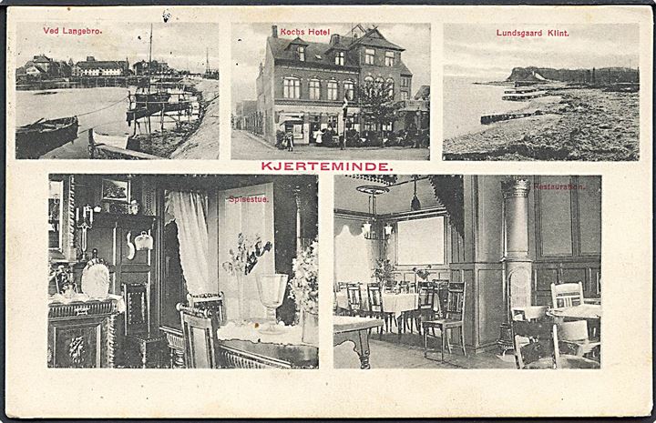 Kerteminde, Koch’s Hotel med facade og interiør, samt Langebro og Lundsgaard Klint. M.P.Erichsen no. 25798. Kvalitet 7