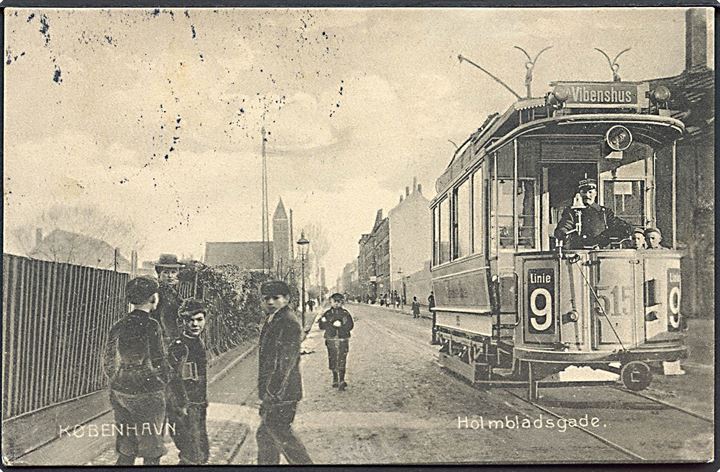 Købh., Holmbladsgade med sporvogn linie 9 no. 515. Stenders no. 2318. Kvalitet 7