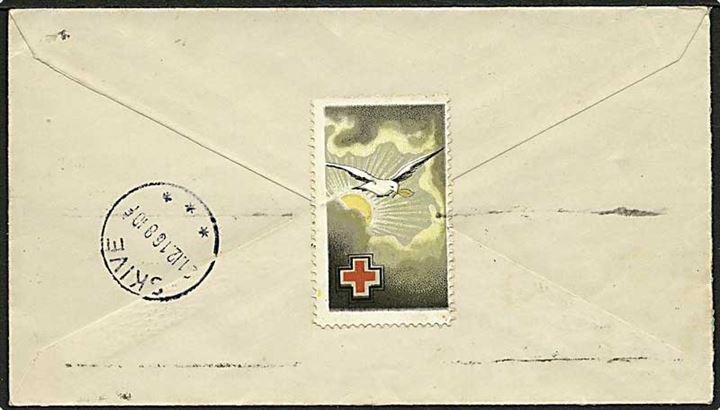 10 øre Posthorn og Røde Kors mærkat på for- og bagside af brev fra Frederikstad d. 19.12.1916 til Skive, Danmark.