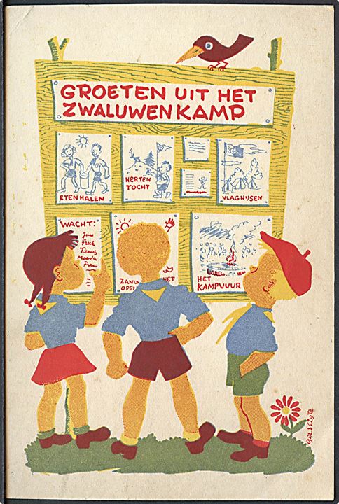 International Falcon Movement. 5 kort tegnet af G. Sligte til ung-socialist lejren i Holland 1947.  Kvalitet 7