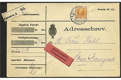 35 øre Fr. VIII single på adressebrev for pakke med opkrævning fra Kjøbenhavn K. d. 26.11.1913 til Skive.