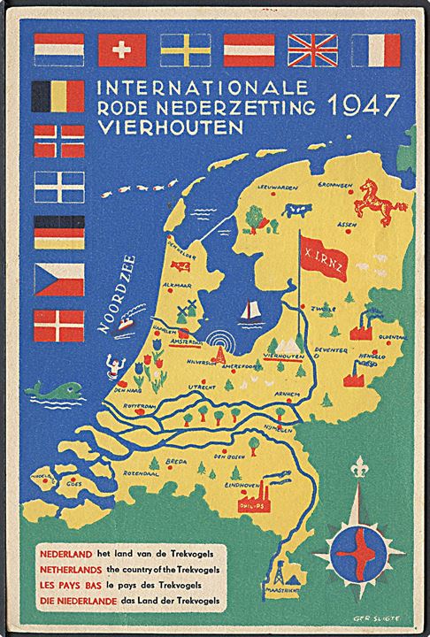 International Falcon Movement. 5 kort tegnet af G. Sligte til ung-socialist lejren i Holland 1947.  Kvalitet 7
