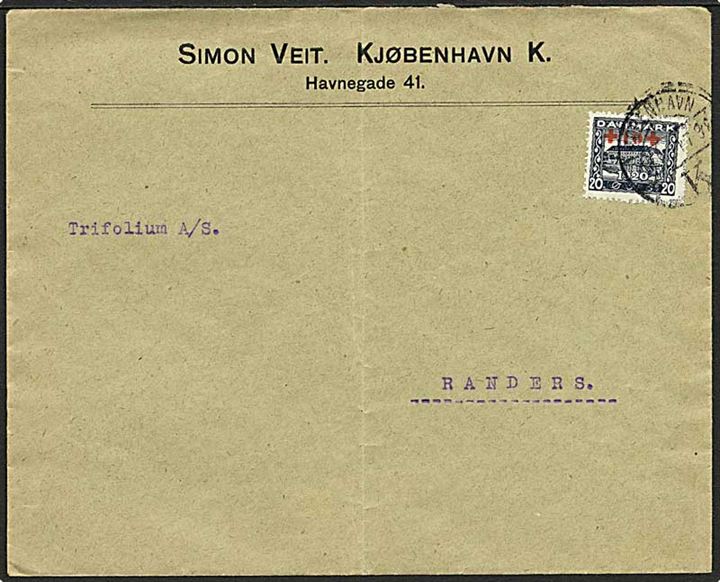 20+10 øre Genforening Røde Kors provisorium single på brev fra København 1921 til Randers. Fold.