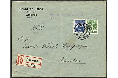 10 øre Bølgelinie og 40 øre Genforening på anbefalet brev annulleret med brotype IIb stempel Graasten sn2 d. 22.6.1922 til Randers.