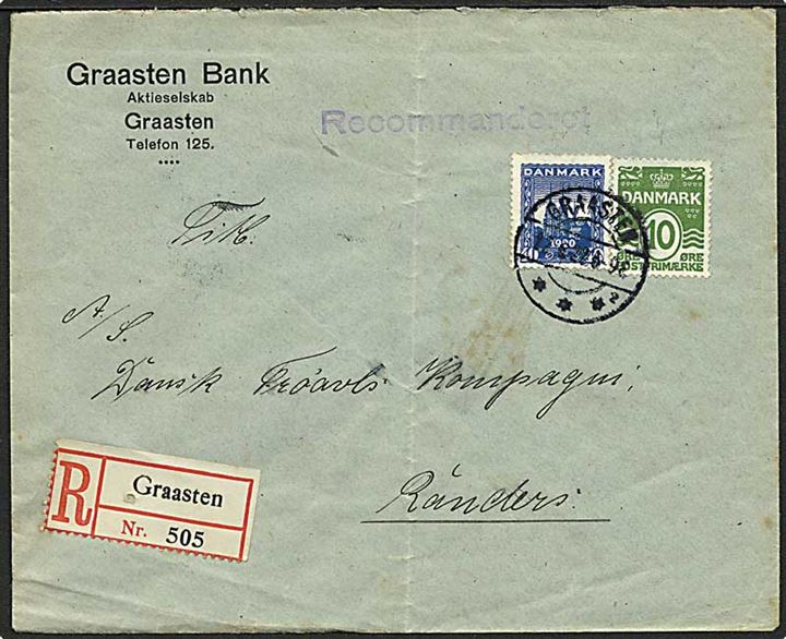 10 øre Bølgelinie og 40 øre Genforening på anbefalet brev annulleret med brotype IIb stempel Graasten sn2 d. 22.6.1922 til Randers.