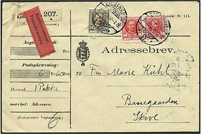 10 øre parstykke og 25 øre Fr. VIII på 45 øre frankeret adressebrev for pakke med opkrævning fra Kjøbenhavn B. d. 20.12.1910 til Skive.