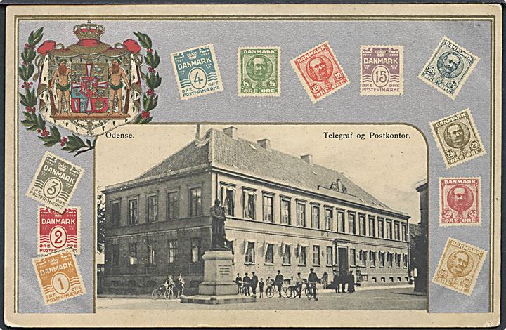Odense, postkontor med rigsvåben og frimærker. V.M.K. u/no. Kvalitet 7
