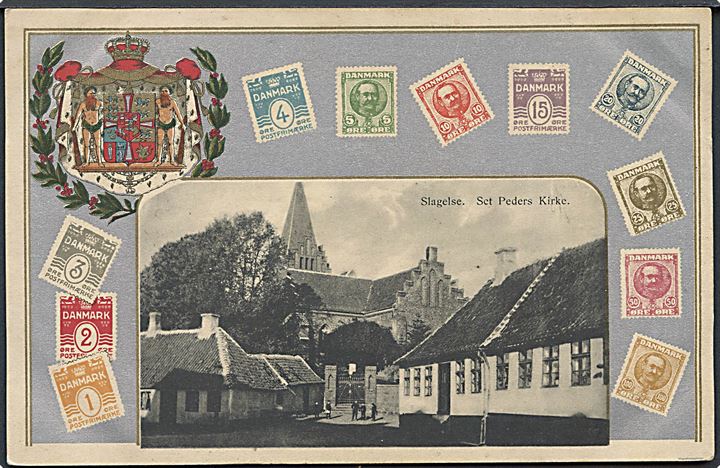 Slagelse, Sct. Peders kirke med rigsvåben og frimærker. V.M.K. u/no. Kvalitet 8