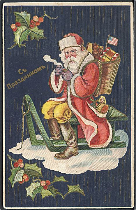 Julemand med rød kåbe og med amerikansk flag. Russisk postkort. MAB u/no.  Kvalitet 7
