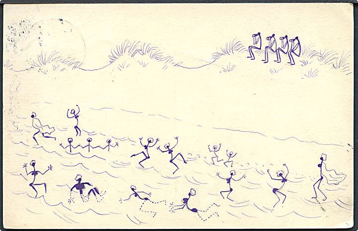 Thiss, Axel: “4 mænd lurer på badende kvinder”, original tegning på 5 øre Chr. X helsagsbrevkort fra Højen. Kvalitet 8