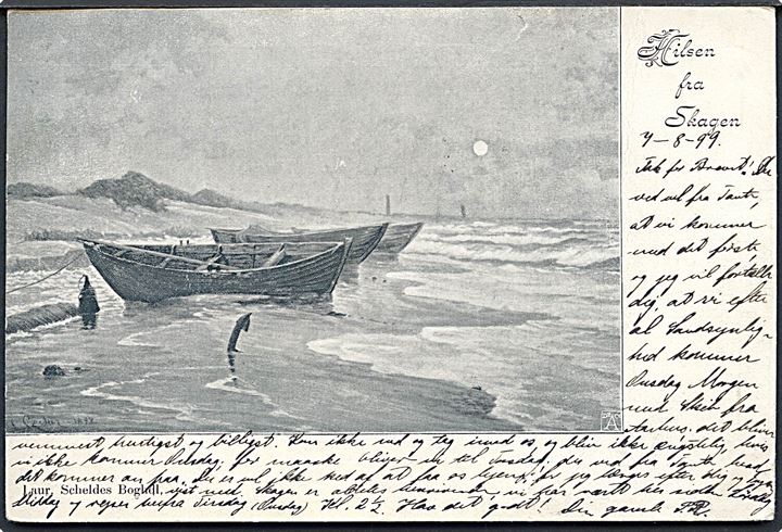 Skagen, “Hilsen fra” med tegning af Michael Ancher. Laur. Schelde u/no. Kvalitet 8