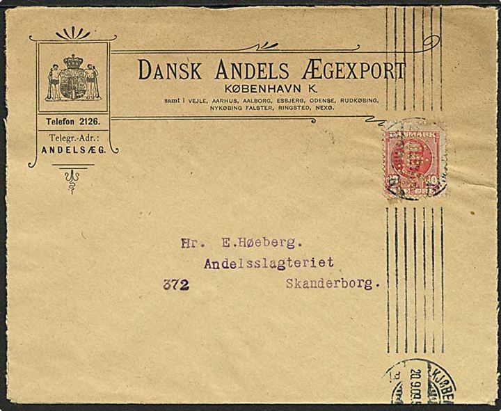 10 øre rød Fr. VIII på brev fra København d. 20.9.1909 til Skanderborg. Mærket med perfin D.10 - Dansk Andels Ægexport.