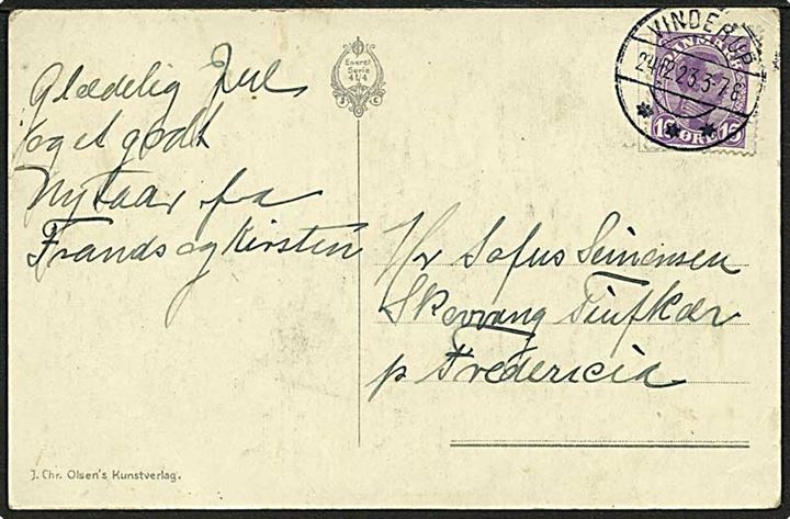 15 øre violet Chr. X på postkort fra Vinderup d. 24.12.1923 til Fredericia. Vinderup IIb brotypestempel.