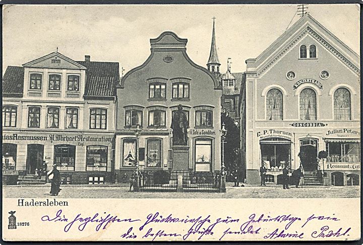 Haderslev, Nørregade med statue og “Konzerthaus Concordia”. Glückstadt & Münden no. 18276. Kvalitet 8