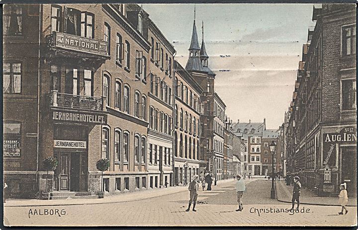 Aalborg, Christiansgade med Jernbanehotellet. Stenders no. 19403. Kvalitet 7