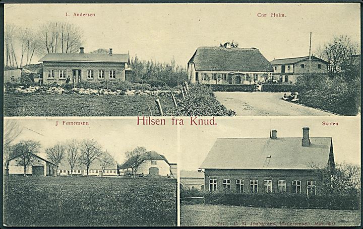 Knud, “Hilsen fra” med skole, L. Andersen, C. Holm og J. Finnemann’s ejendomme. C. M. Hultgreen no. 3921. Kvalitet 8