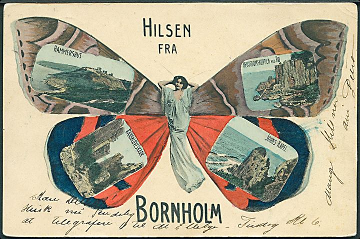 Bornholm, “Hilsen fra” med kvindelig sommerfugl med prospekter. Stenders no. 2456. Kvalitet 7