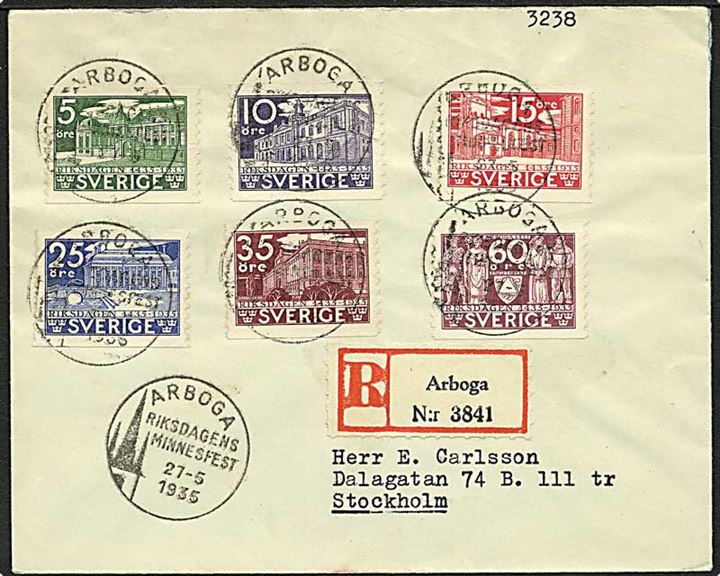 Komplet sæt Rigsdagen 500 år 2-sidet takket på anbefalet brev stemplet Arboga d. 27.5.1935.