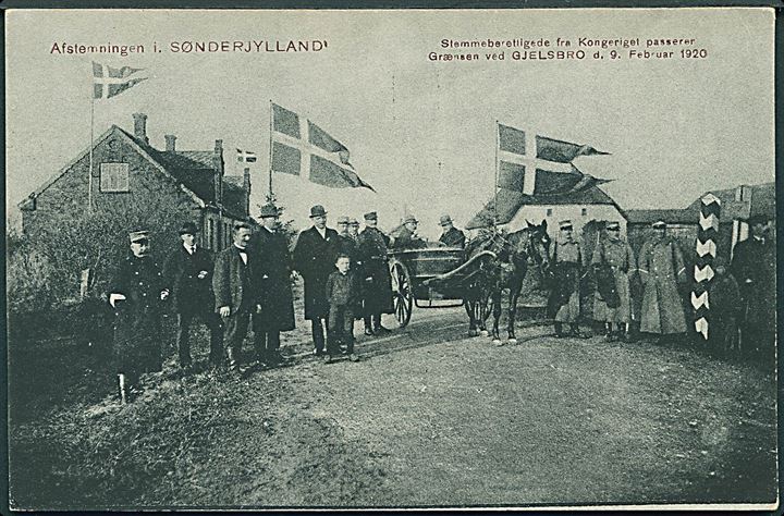 Gjelsbro. Stemmeberettigede fra kongeriget passerer grænsen d. 9.2.1920. Schützsack no. 43520. Kvalitet 8