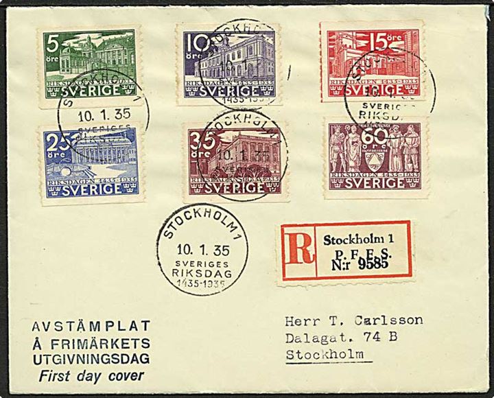 Komplet sæt Rigsdagen 500 år 2-sidet takket på anbefalet FDC fra Stockholm d. 10.1.1935.