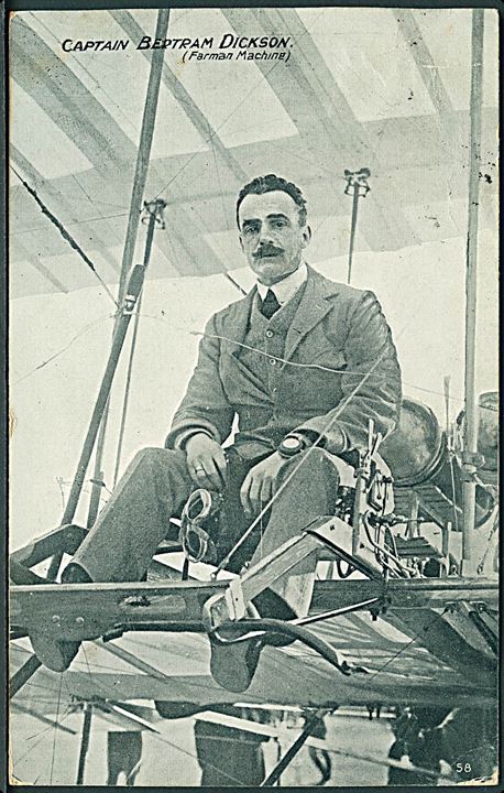 Capt. Bertram Dickson i sin Farman maskine. Skotsk flyvepioner. National Series no. 58. Mærke afrevet. Kvalitet 6