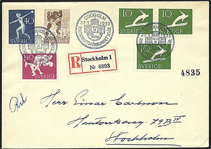 Rigsidrætsforbundet 50 år på anbefalet FDC fra Stockholm d. 27.5.1953.