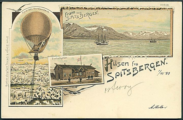 Svalbard. “Hilsen fra Spitsbergen” med Andrée’s ballon, polarskibet “Fram” & Turisthytte. Bürger & Ottillie 622. Kvalitet 8