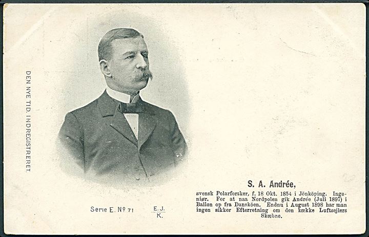 Svalbard. Andrée’s flyvning. Portrætkort fra 1898, hvor Andrée’s skæbne endnu er uvis. E.J.K. Serie E no. 71. Kvalitet 7