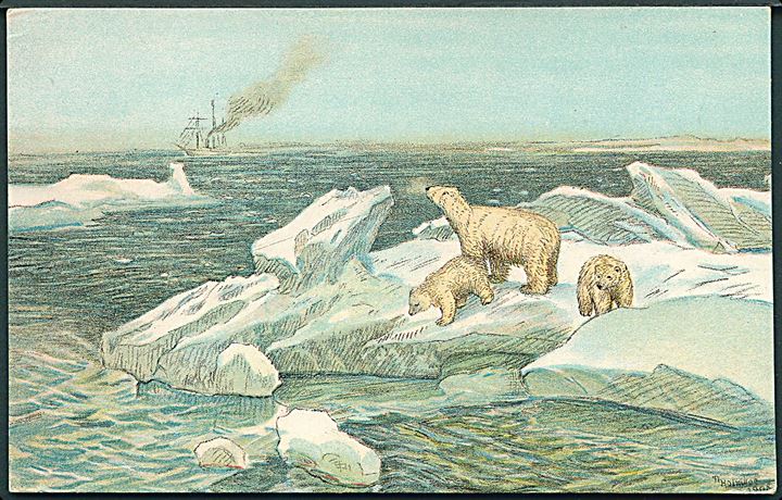 Svalbard. Holmboe, Thorolf: Isbjørne på drivis. N.K. no. 3006. Kvalitet 8
