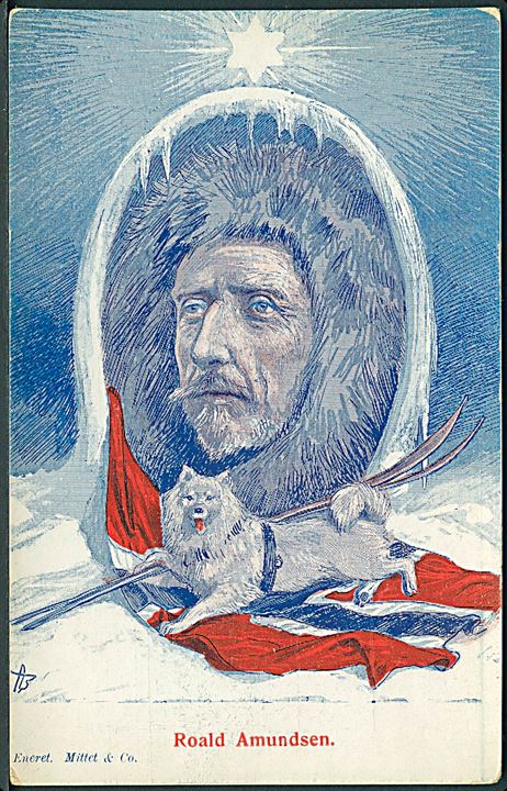 Amundsen. Bloch, Andreas: “Roald Amundsen på Sydpolen”. Mittet & Co. u/no.  Kvalitet 7