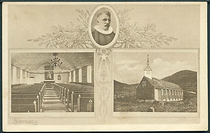 Sørvaag, kirke med interiør og præste portræt. Stenders no. 43505. Fold. Kvalitet 6