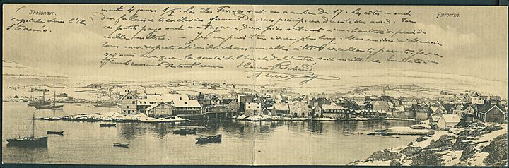 Thorshavn, dobbeltkort med panorama over havnen. A. Brend no. 144625 Kvalitet 7