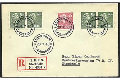 Komplet sæt Bellmann bl.a. med parstykke 5 öre med 4-sidet og 3 sidet takning på anbefalet brev fra Stockholm Djurgården d. 26.7.1940.