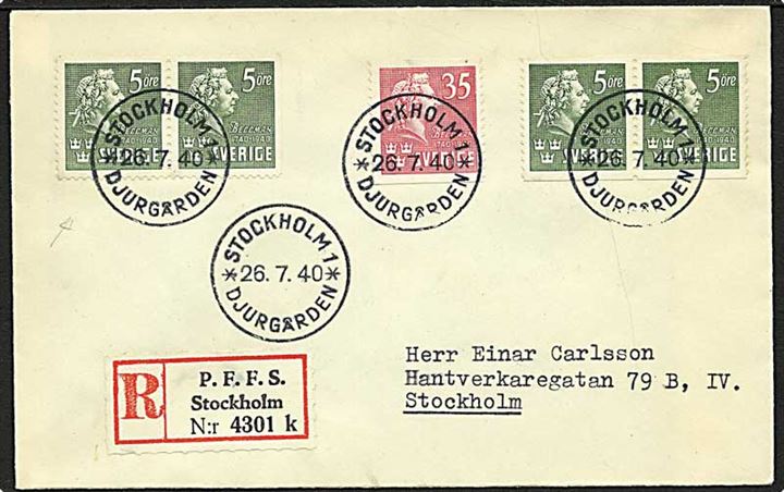 Komplet sæt Bellmann bl.a. med parstykke 5 öre med 4-sidet og 3 sidet takning på anbefalet brev fra Stockholm Djurgården d. 26.7.1940.