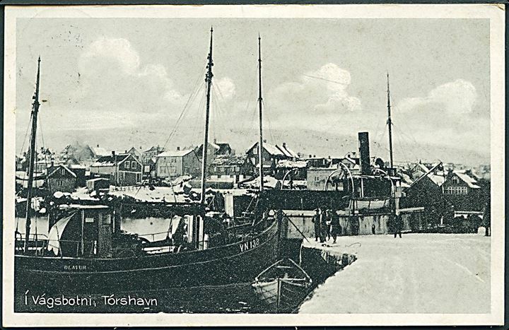Thorshavn, Vagsbotni m. fiskefartøjet VN 138 “Ólavur”. Stenders no. 65565. Sendt til Frankrig 1933. Kvalitet 8