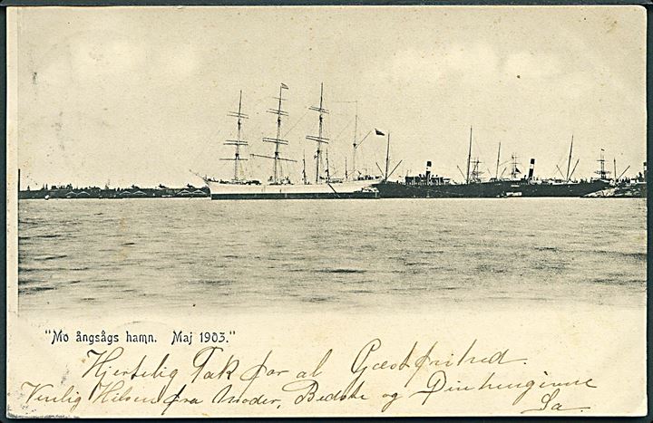 Norge. “Falls of Africa”, 4-mastet bark af Tvedestrand i Mo dampskibshavn 1903. Wahlber & Kabner no. 2733. Kvalitet 7