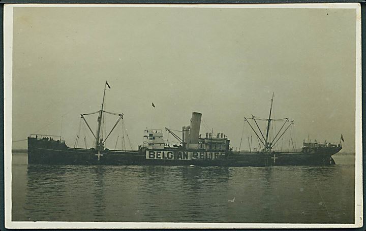 “Belgian Relief” på dansk dampskib med neutralitets-bemaling under 1. verdenskrig. Fotokort u/no. Kvalitet 7