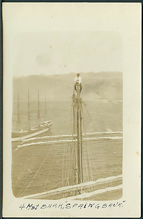 Norge. “Springbank”, 4-mastet barkskib af Tvedestrand.Fra toppen af masten. Fotokort u/no. Kvalitet 8