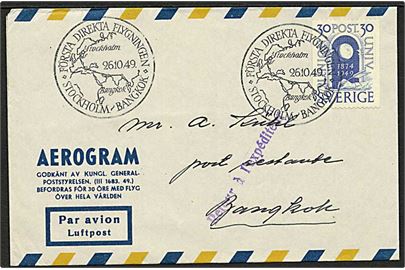 30 öre UPU på 1. flyvnings-aerogram Stockholm-Bangkok fra Stockholm d. 26.10.1949 til Bangkok, Thailand.