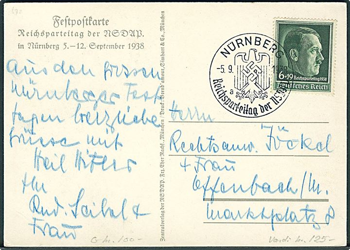 Propaganda. Reichsparteitag Nürnberg 1938. Med særstempel. Kvalitet 7