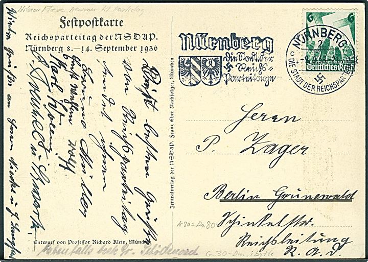 Propaganda. Reichsparteitag Nürnberg 1936. Med særstempel. Kvalitet 8